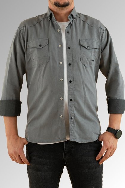 Men's Gray Slim Fit Snap Button Double Pocket Cotton Denim Shirt