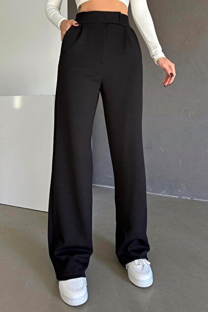 trendalisse Yüksek Bel Likralı Beli Cırtlı Bol Paça Örme Palazzo