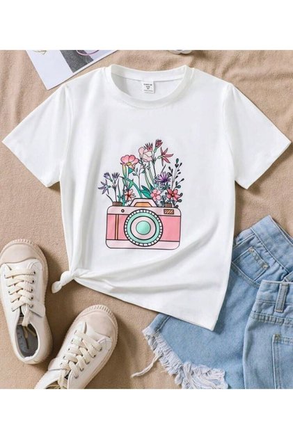 White Floral Photo Camera Printed Kids Combed Cotton T-Shirt