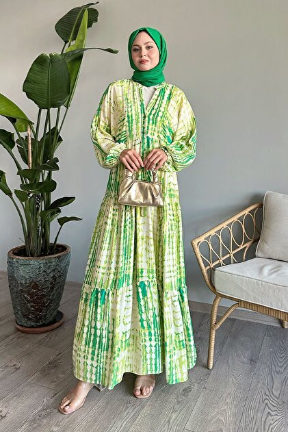 InStyle Green Viscose Batik Marbled Dress- Trendyol
