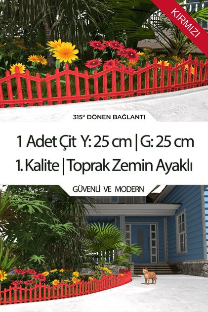 Dekoratif Plastik Bahçe Çiti ve Peyzaj Çiti 1 ADET ÇİT (Y: 25 CM / G: 25 CM) TOPRAK AYAKLI Kırmızı