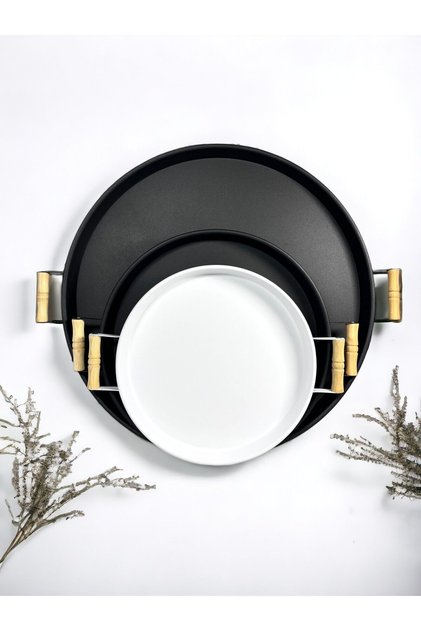 3-Piece (51, 37, 30 CM) Wooden-Handled Metal Tray Tea Tray Coffee Tray Serving Tray Set