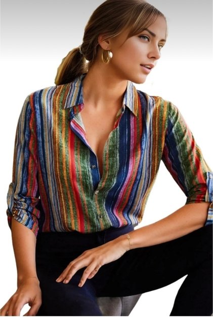 Women's Colorful Striped Patterned Viscose Shirt with Buttons