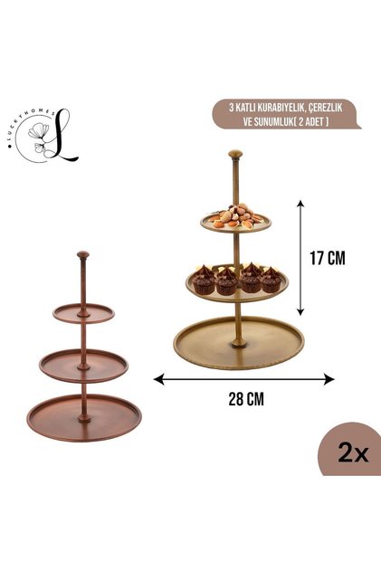 3 Katlı Sunumluk Kurabiyelik Çerezlik 2 Adet Bakır ve Gold Sunum Tabağı