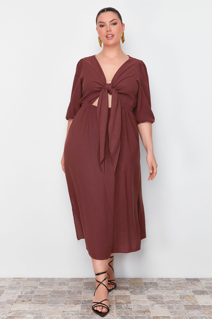 Trendyol Curve Brown A-Line Summer Midi Woven Plus Size Dress  Tbbss24Ah00052- Trendyol