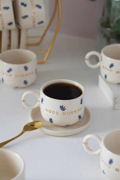 Coral Patterned Good Morning Special Design 24K Gold Decorated Handmade Ceramic Mug 200ml