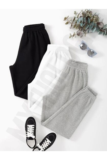 3-Piece Unprinted Jogger Sweatpants - Black, White and Gray Elastic Leg High Waist