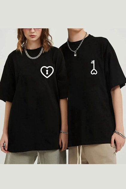 Key Heart T-shirt Double Couple Lover Combination 2 Pieces - Black, Printed, Oversize, Crew Neck