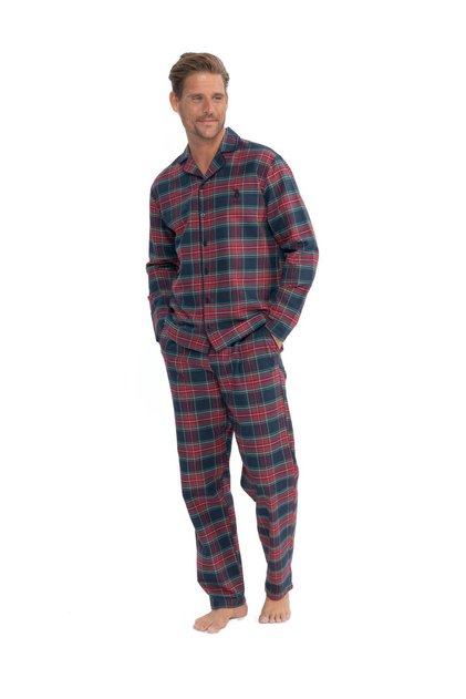 Men's woven plaid pajama set with pocket detail