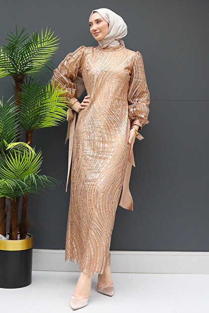 GZ AGYM Gold Colored Rose Glitter Evening Dress- Trendyol