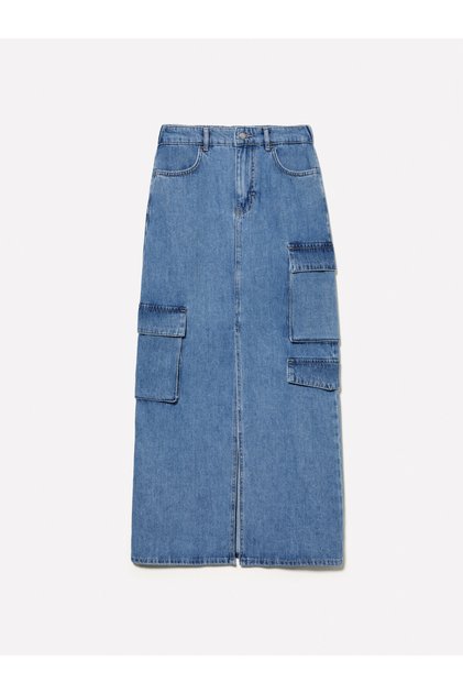 Kadın Açık Mavi Denim %100 Pamuk Önü Yırtmaçlı Cep Detaylı Uzun Etek