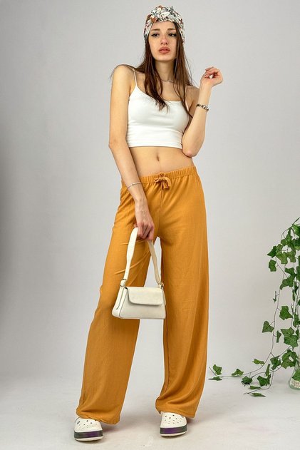 Women's Elastic Waist Wide Leg Oversize Wrinkled Fabric Long Mustard Palazzo Trousers
