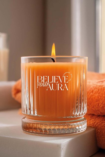 Sandal Ağacı Kokulu Mum- %100 Doğal Soya Mumu Kristal Bardak Aromaterapi Turuncu Kokulu Mum - 350 cc