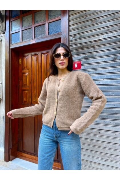 Women's Crew Neck Gold Buttoned Teddy Plush Soft Knitwear Cardigan - Camel Color