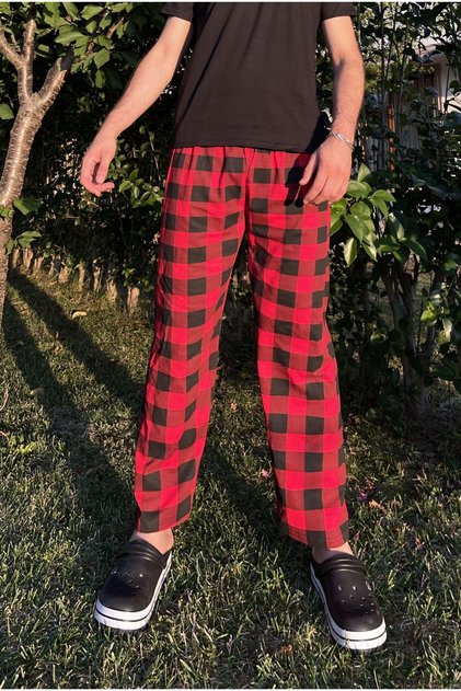 Men's Pocketless Plaid Patterned Pajama Bottoms Sweatpants Red Window Square