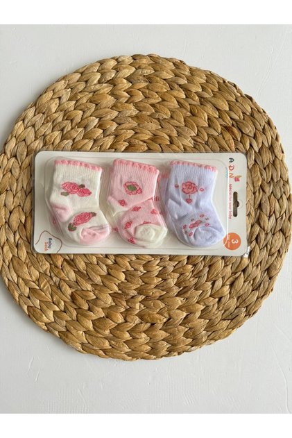 Set of 3 Combined Newborn Cotton Baby Girl Patterned Lace Booties Socks