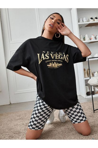 Millionaire Kadın Siyah Neveda Las Vegas Oversize Baskılı T-shirt - 3