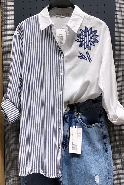 Women's Striped Floral Embroidery Detailed Perforated Wide Fit Oversize Cotton Shirt (Buy 1 Size Small)