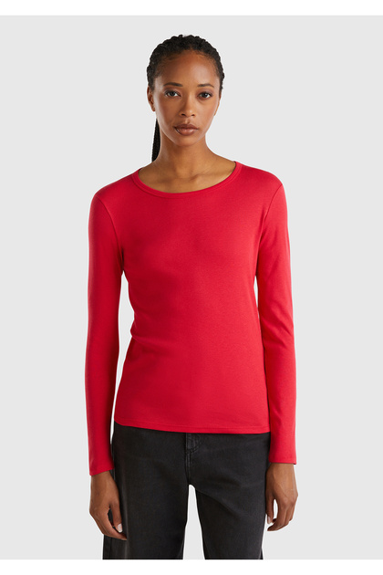 UNITED COLORS OF BENETTON レディース　Tシャツ　46 United Colors of Benetton Kadın Kırmızı Basic Bisiklet Yaka Uzun