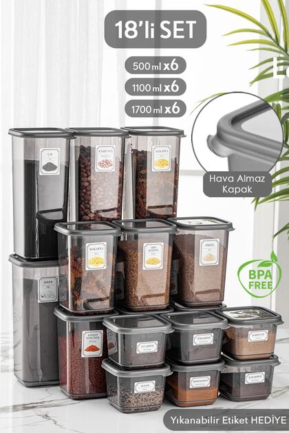 HR(エイチアール) 18冊セット Meleni Home 18'li Set Kapaklı Kare Erzak Saklama Kabı Antrasit 6x