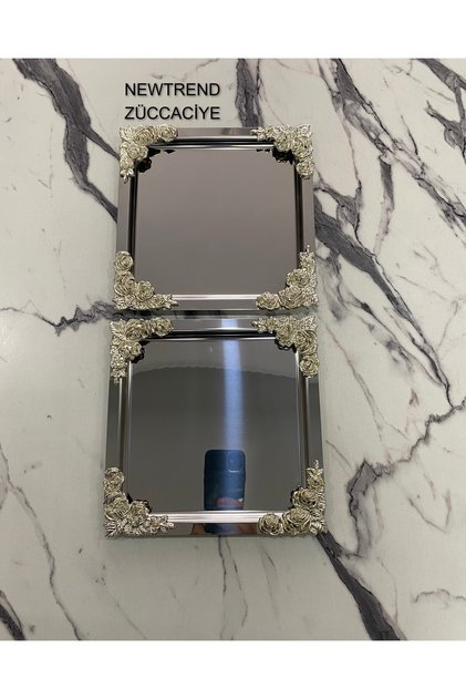 2-Piece Luxury 4-Corner Silver Floral Silver Square Plated Model Tea, Coffee, Catering Presentation Tray 21X21