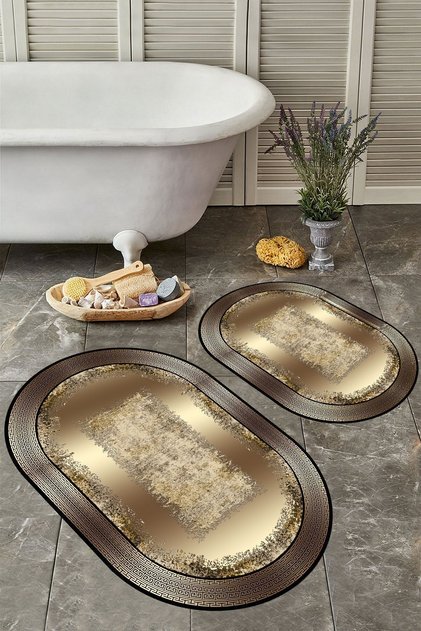 Non-Slip Base Washable Dust Stain Resistant 2-Piece Oval Toilet Bathroom Mat Set