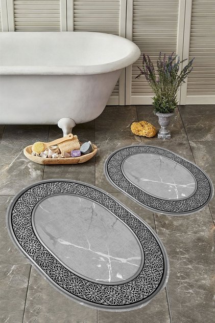 Kaymaz Taban Yıkabilir Toz Leke Tutmaz 2li Set Klozet Oval Banyo Paspas Takımı