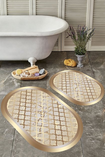 Kaymaz Taban Yıkabilir Toz Leke Tutmaz 2li Set Klozet Oval Banyo Paspas Takımı