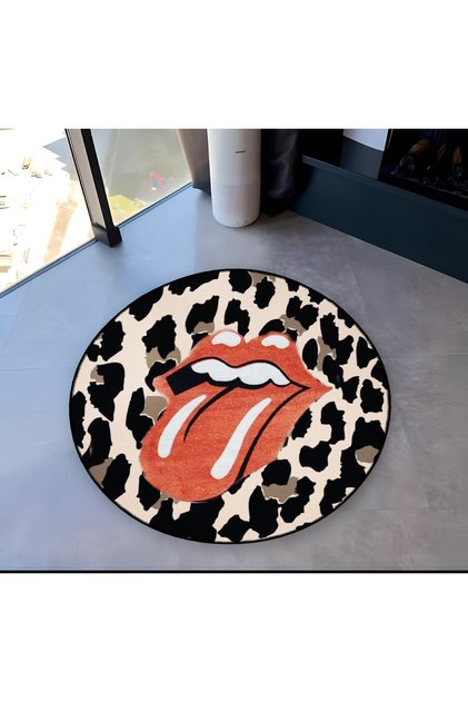 Mira Round Leopard Pattern Red Lip and Tongue Detailed Woven Base Modern Decorative Carpet 5598