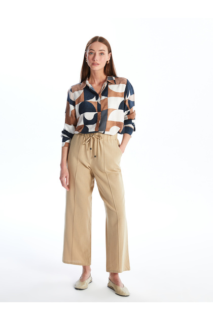 Linen Blended Women's Straight Trousers with Elastic Waist