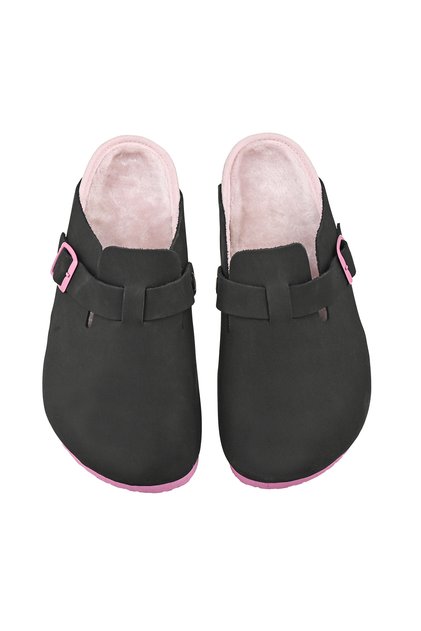 Genuine Leather Black Nubuck Furry Slippers