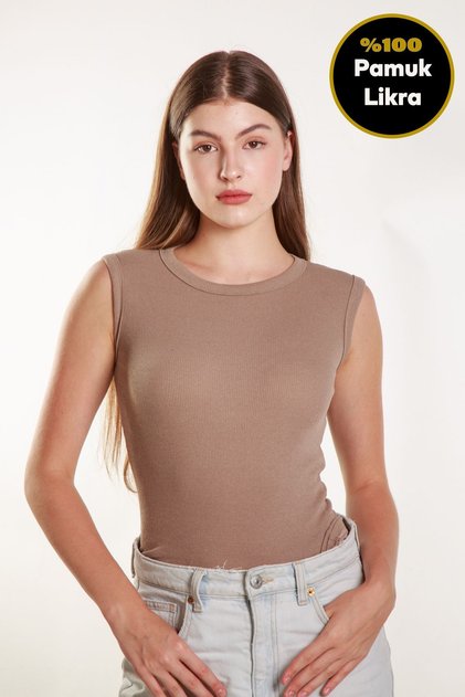 Kadın Vizyon Fitilli Likralı Sıfır Kol Bisiklet Yaka Örme Atlet Tshirt Bluz