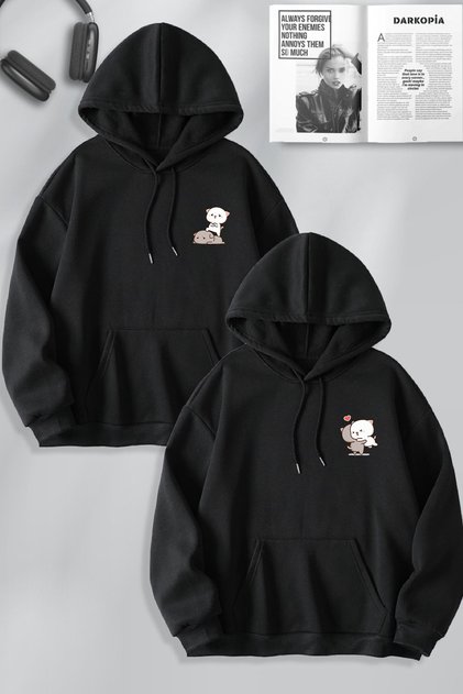 Lover Couple Combination Cat Happy and Angry Printed Special Design Hooded Sweatshirt Set of 2