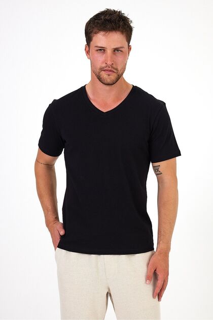Men's Organic Cotton V-Neck Regular Fit Basic Black T-Shirt