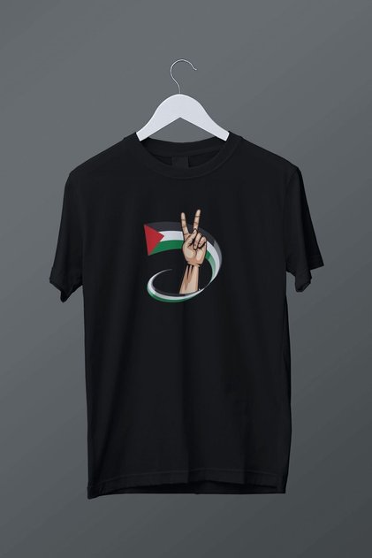 Black T-Shirt with Freedom Sign, Palestine Flag