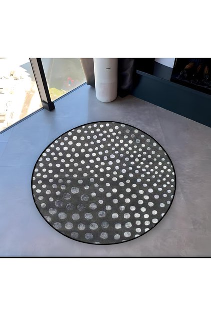 Mira Round Dark Gray Polka Dot Detailed Woven Base Modern Decorative Carpet 5566