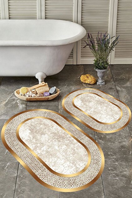 Non-Slip Base Washable Dust Stain Resistant 2-Piece Oval Toilet Bathroom Mat Set