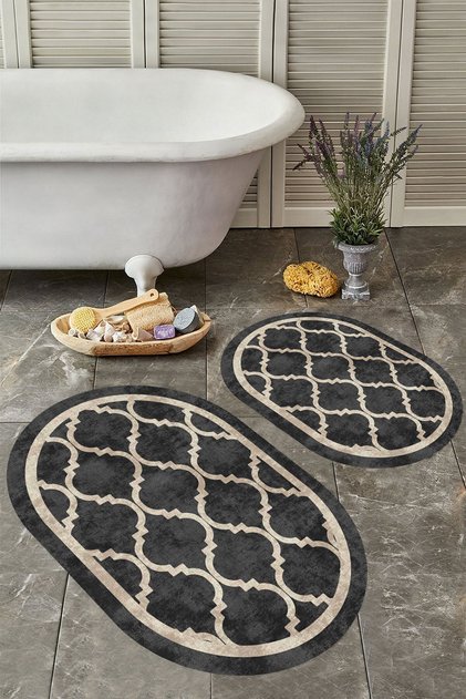 Non-Slip Base Washable Dust Stain Resistant 2-Piece Oval Toilet Bathroom Mat Set