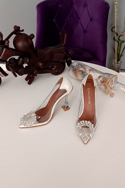 Pantofi de damă din piele sidef, cu toc de șampanie de 11 cm, cu pietre, complet transparente, tip stiletto