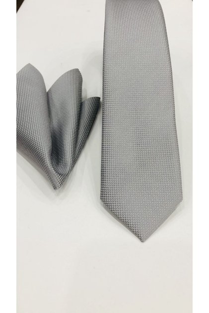 Silver Gray / Woven Patterned Fabric Slim Tie - with Handkerchief