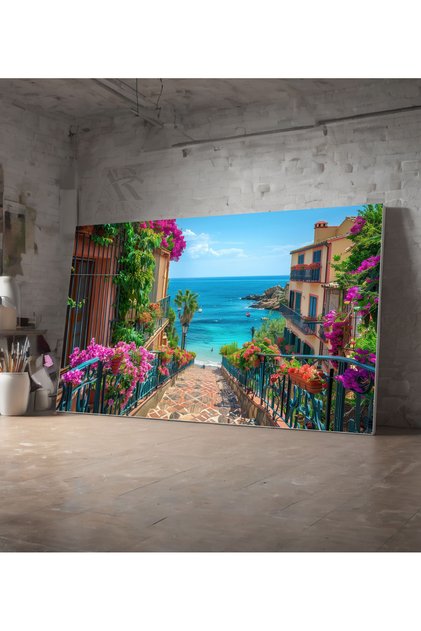 Pink Floral Stairs Leading to the Sea Peace Decorative Canvas Picture