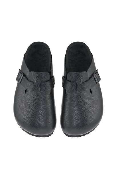 Genuine Leather Black Furry Slippers