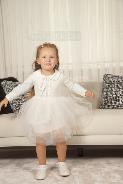 Girl's Peter Pan Collar Long Sleeve Lined Tulle Dress