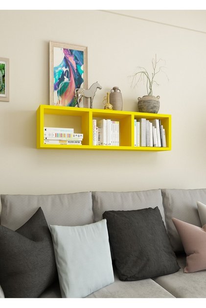 Kitaplık Hediye Duvar Rafı Mobilya 90 Cm Sarı