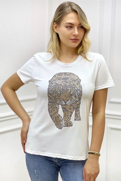 Tiger Crystal Stone Plus Size Crew Neck White Cotton Women's T-shirt