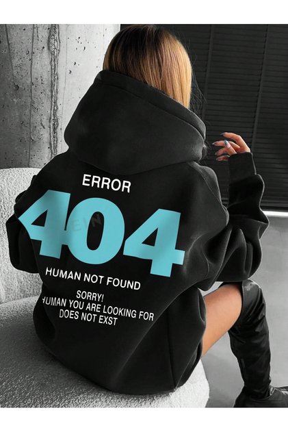 Women's Black Error 404 Printed 3 Thread Hoodie Sweatshirt