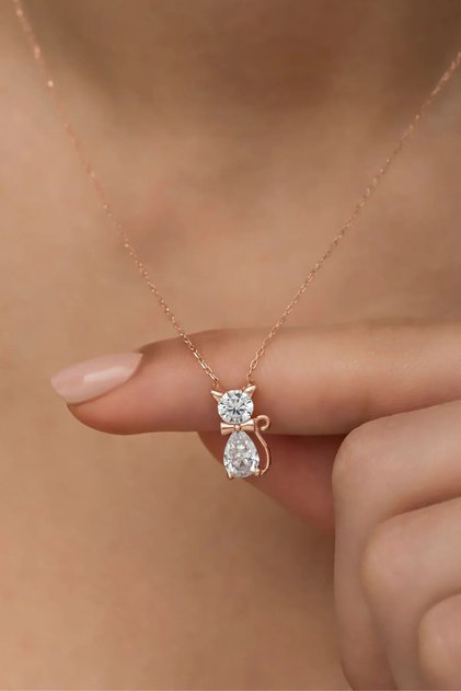 Kedi Kolye Rose Altın Kaplama Beyaz Taşlı Zarif Kadın Kolye