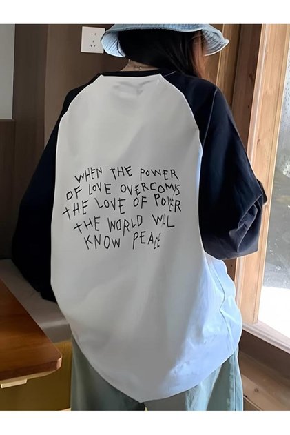 Vintage Raglan μακρυμάνικο σύνθημα με στάμπα λευκό μπλουζάκι