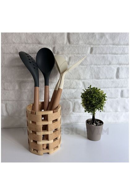 Ahşap Bambu Kaşıklık Organizer Tezgah Üstü Mutfak Banyo Düzenleyici Kalemlik Fırçalık 10*13 cm
