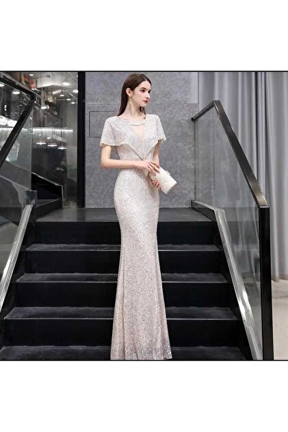 elissaa V-neck Sequined Long Angel Sleeve Evening Dress- Trendyol